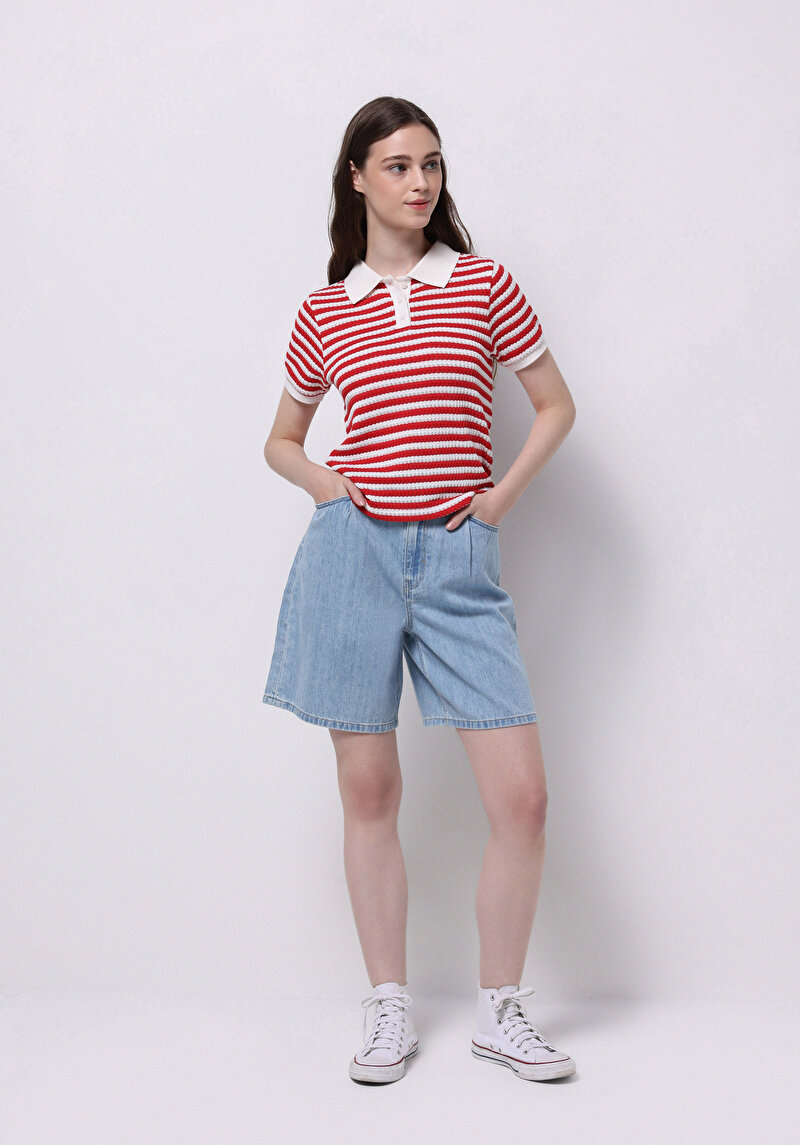 Loose Fit Yüksek Bel Düz Kadın İndigo Jean Şort