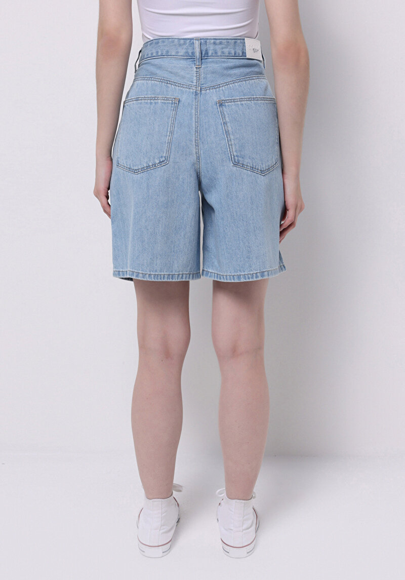 Loose Fit Yüksek Bel Düz Kadın İndigo Jean Şort