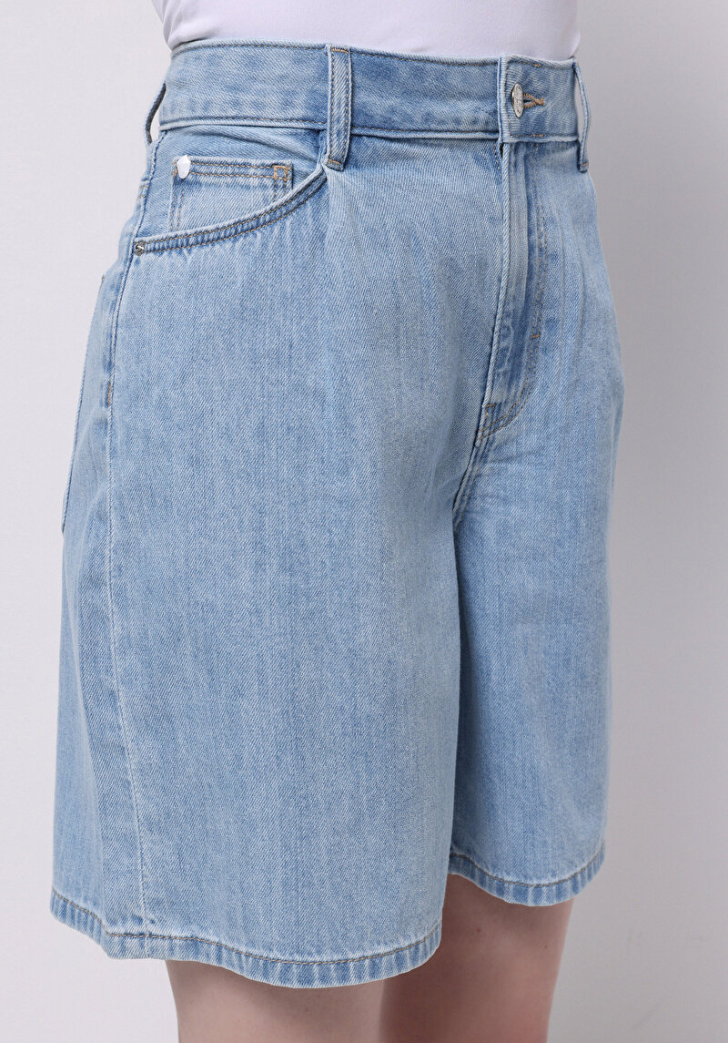 Loose Fit Yüksek Bel Düz Kadın İndigo Jean Şort