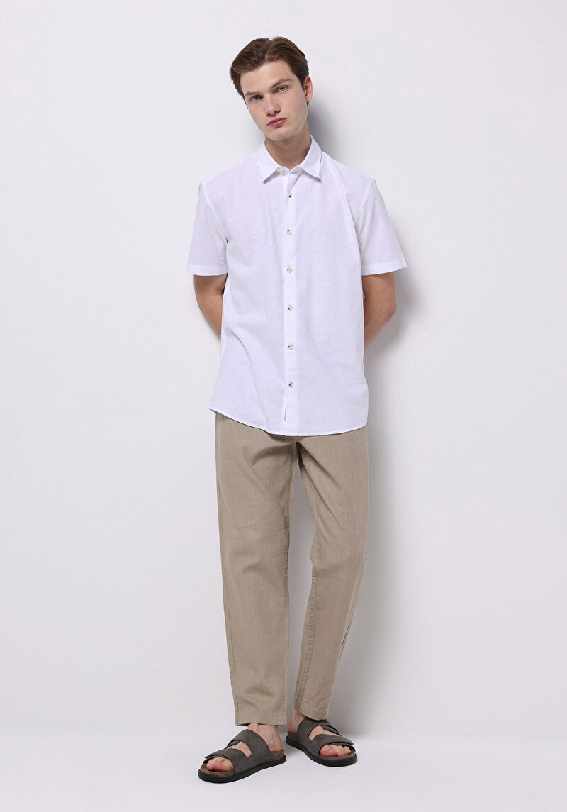 Regular Fit Orta Bel Uzun Paça Beli Bağcıklı Erkek Bej Pantolon