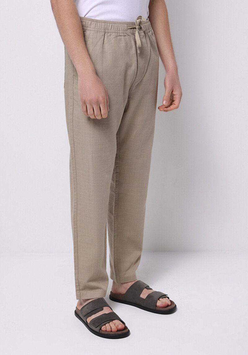 Regular Fit Orta Bel Uzun Paça Beli Bağcıklı Erkek Bej Pantolon