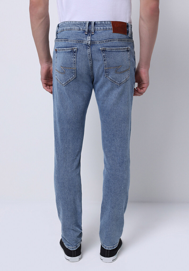 Slim Fit Fermuarlı Erkek Mid İndigo Denim Jean Pantolon