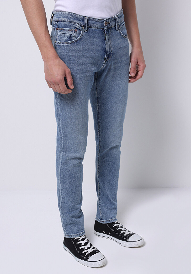 Slim Fit Fermuarlı Erkek Mid İndigo Denim Jean Pantolon
