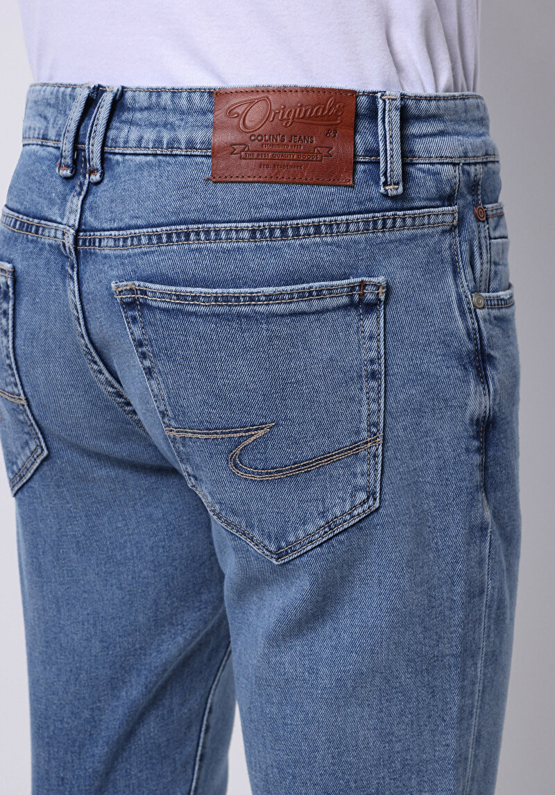 Slim Fit Fermuarlı Erkek Mid İndigo Denim Jean Pantolon