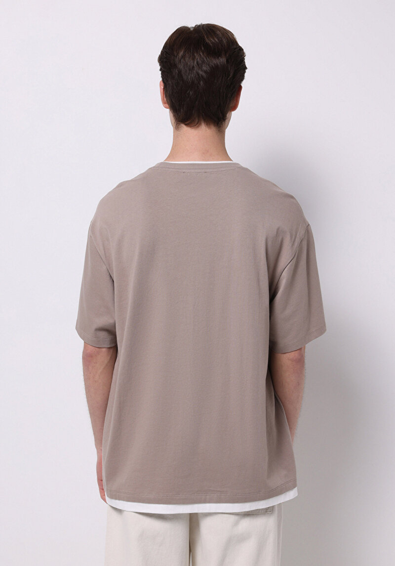 Oversize Fit Yuvarlak Yaka Düz Erkek Bej Baskılı Kısa Kol Tişört