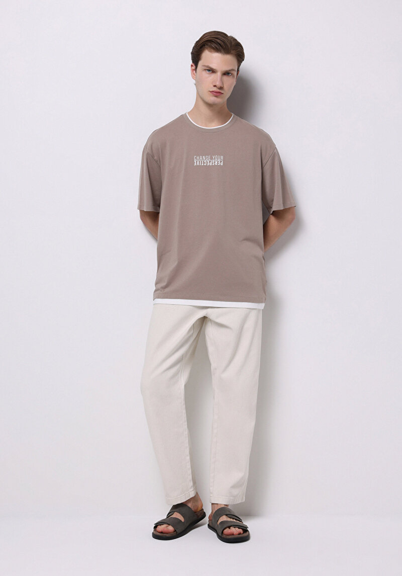 Oversize Fit Yuvarlak Yaka Düz Erkek Bej Baskılı Kısa Kol Tişört
