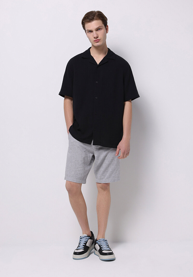 Regular Fit Orta Bel Düz Erkek Keten Karışımlı Gri Şort