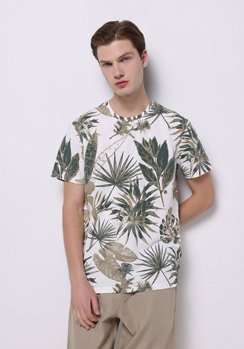 Regular Fit Yuvarlak Yaka Örme Baskılı Erkek Yeşil Kısa Kol Tişört