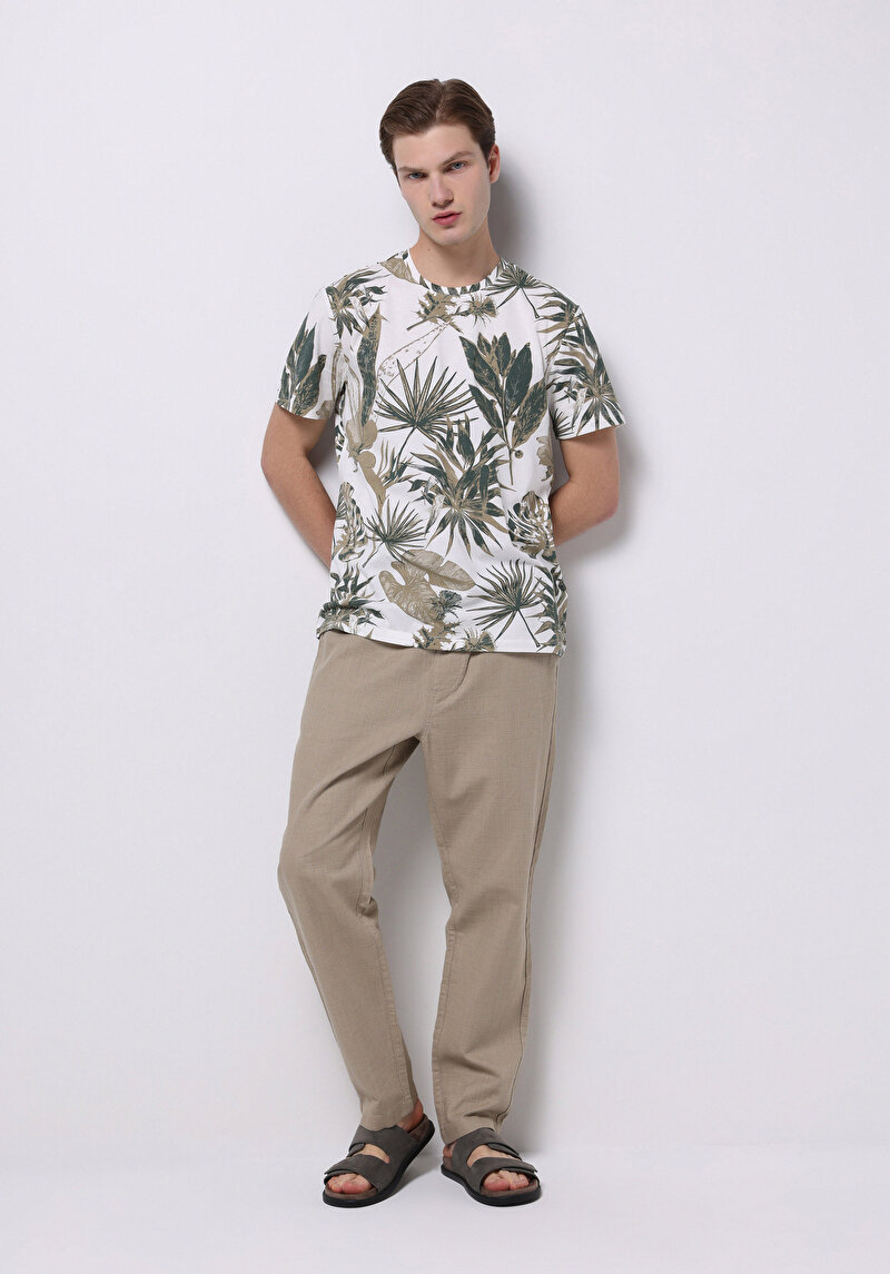 Regular Fit Yuvarlak Yaka Örme Baskılı Erkek Yeşil Kısa Kol Tişört