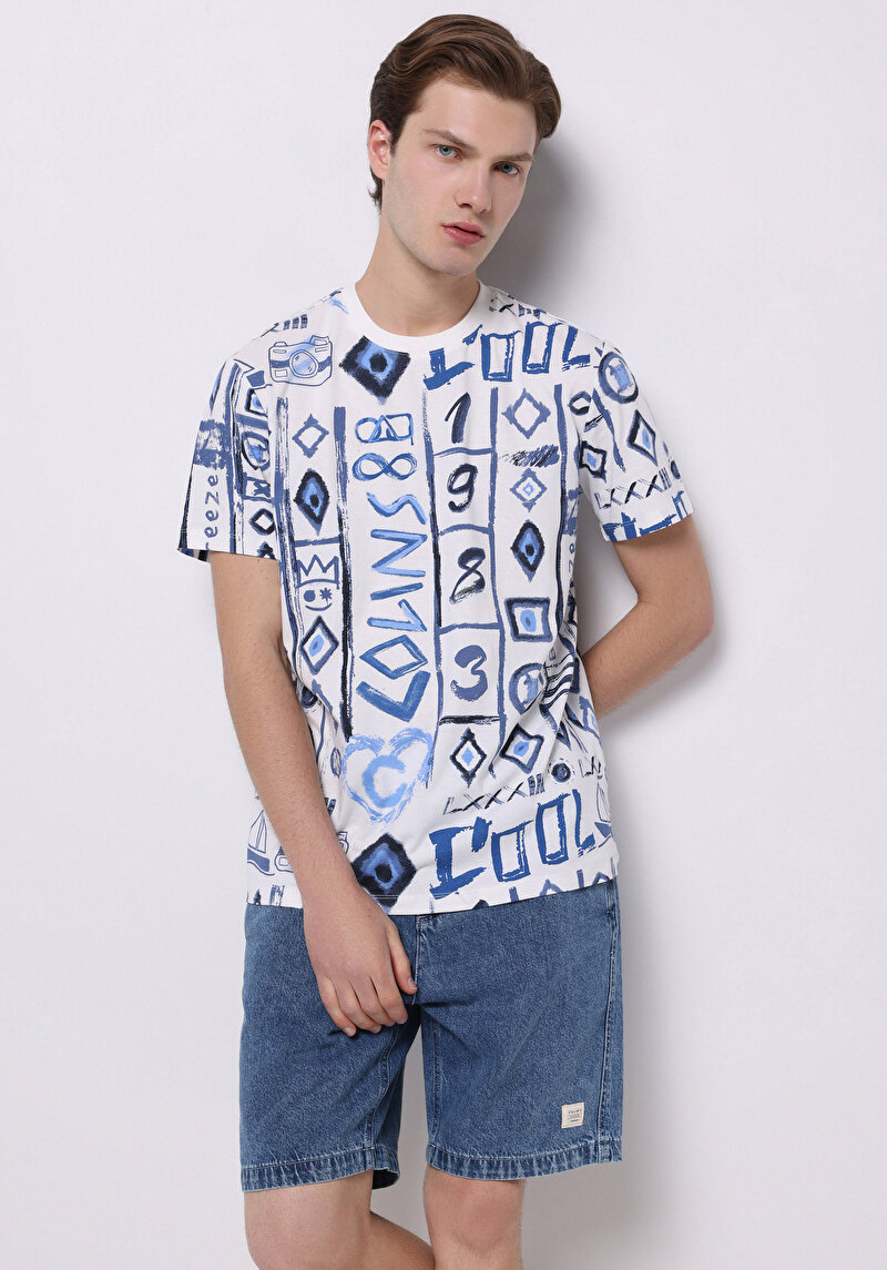 Regular Fit Yuvarlak Yaka Pamuklu Baskılı Erkek Mavi Kısa Kol Tişört