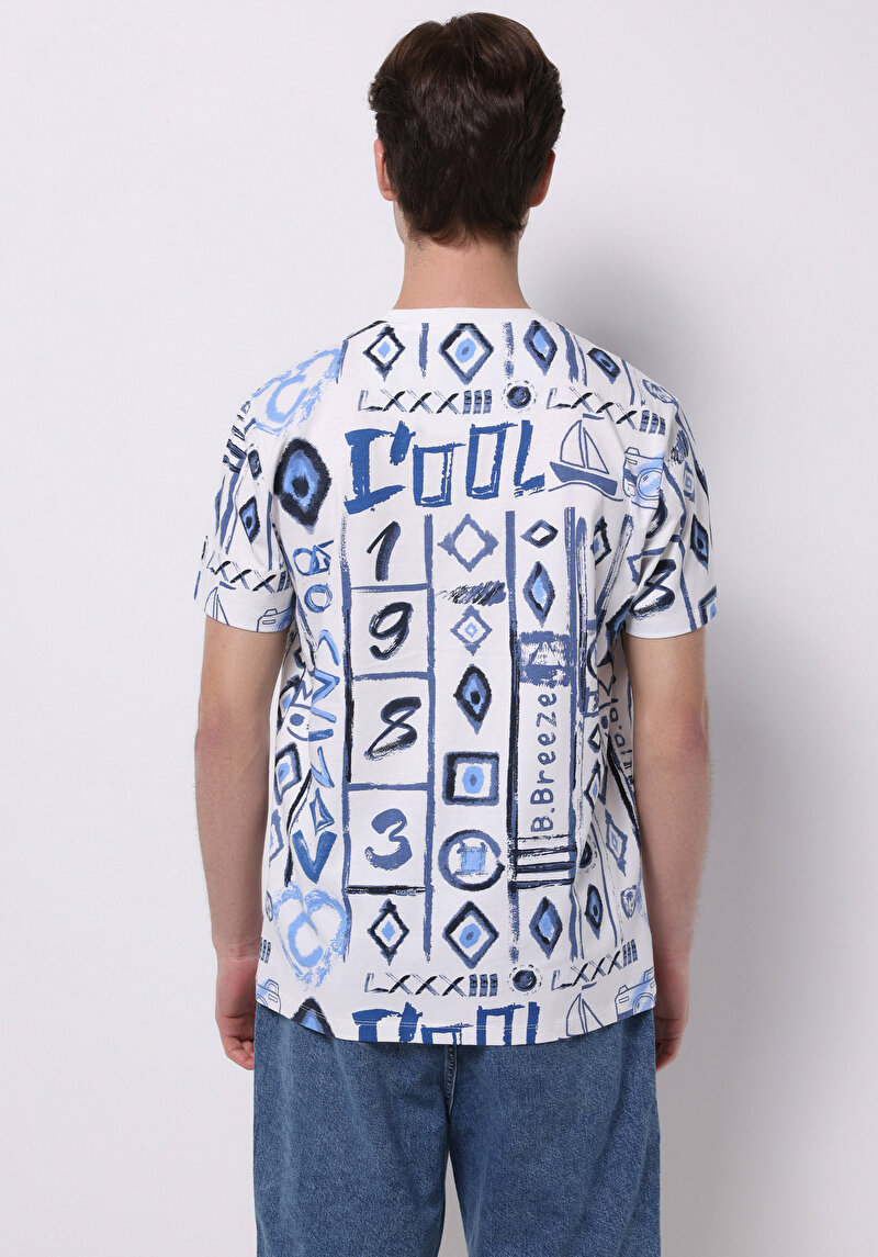 Regular Fit Yuvarlak Yaka Pamuklu Baskılı Erkek Mavi Kısa Kol Tişört