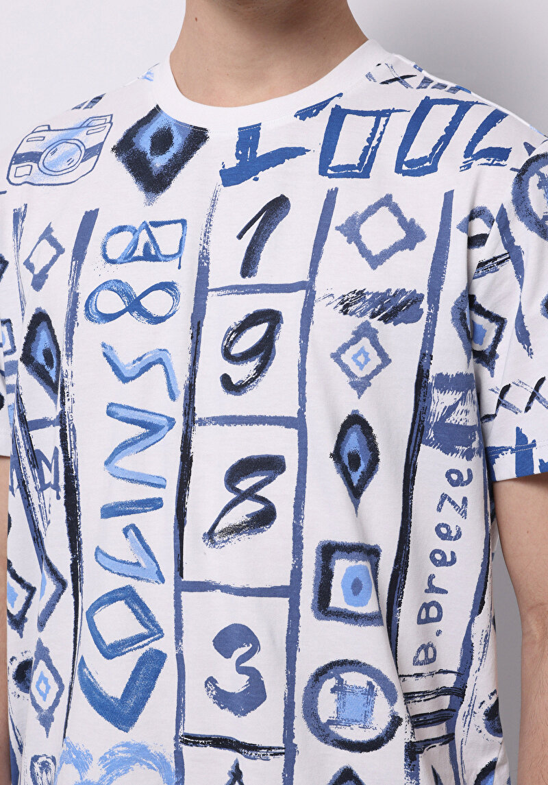 Regular Fit Yuvarlak Yaka Pamuklu Baskılı Erkek Mavi Kısa Kol Tişört