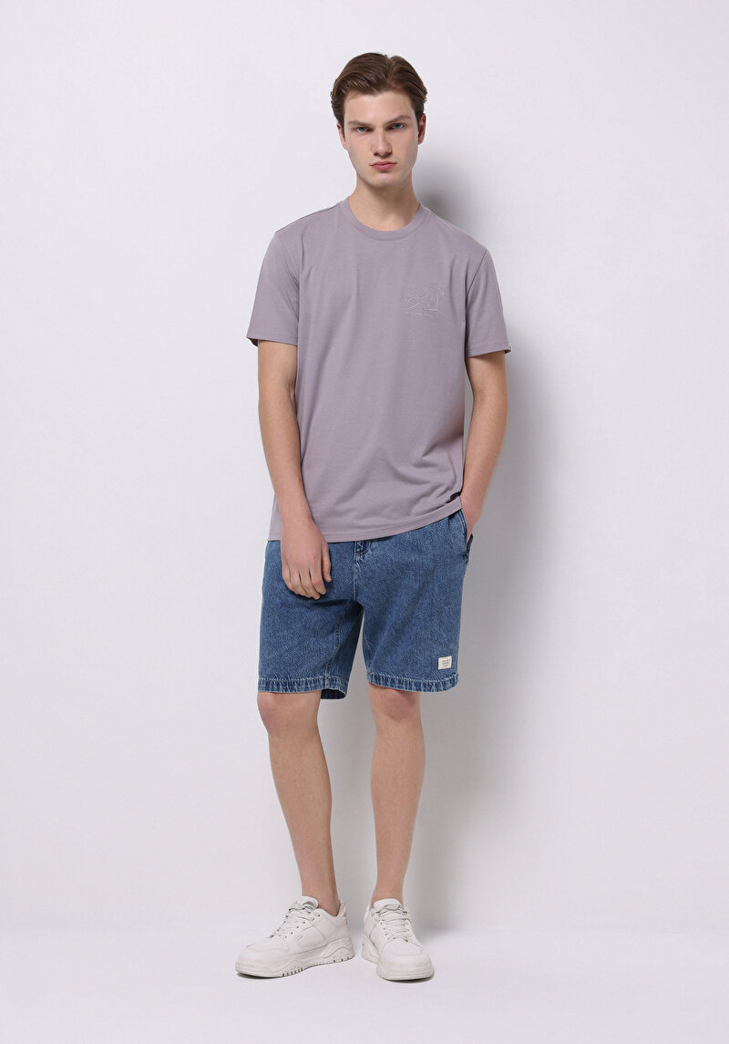 Regular Fit Orta Bel Düz Erkek İndigo Jean Şort