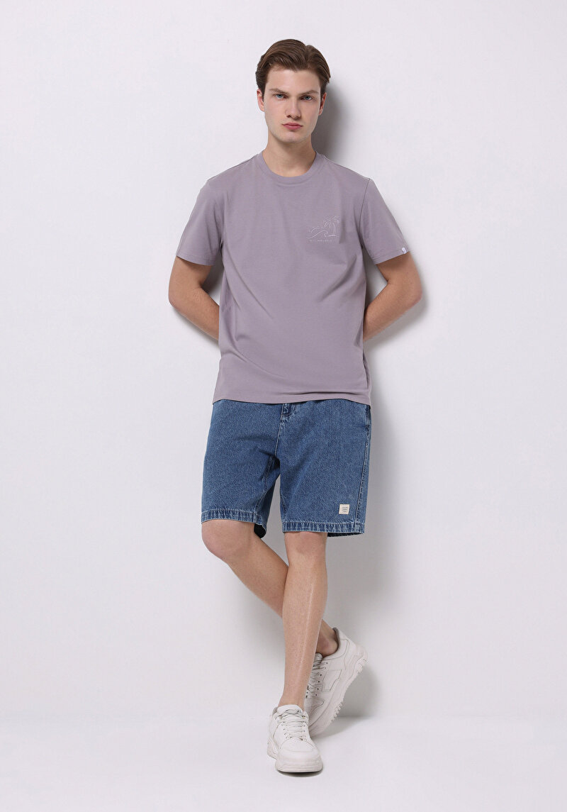 Regular Fit Orta Bel Düz Erkek İndigo Jean Şort