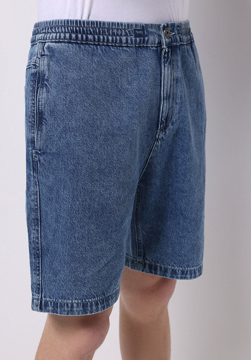 Regular Fit Orta Bel Düz Erkek İndigo Jean Şort