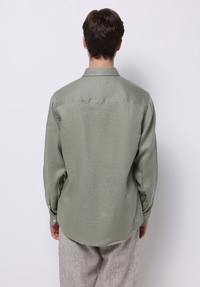 Regular Fit Shirt Neck Düz Erkek Keten Karışımlı Yeşil Uzun Kol Gömlek