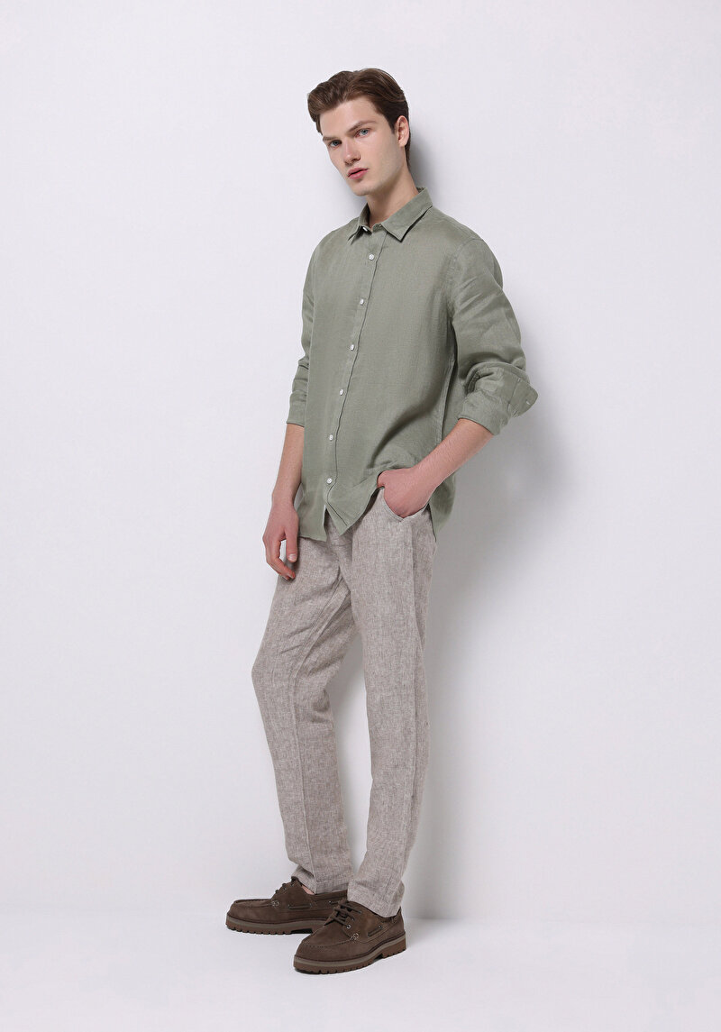 Regular Fit Shirt Neck Düz Erkek Keten Karışımlı Yeşil Uzun Kol Gömlek
