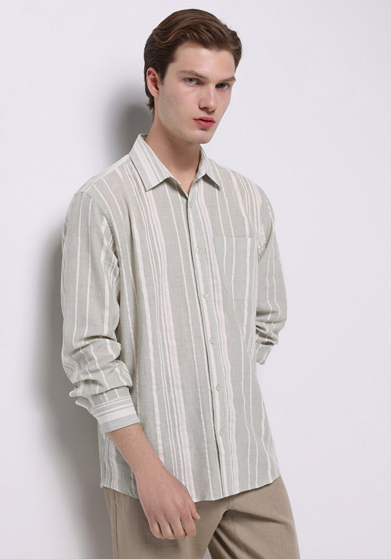 Regular Fit Shirt Neck Çizgili Erkek Yeşil Uzun Kol Gömlek