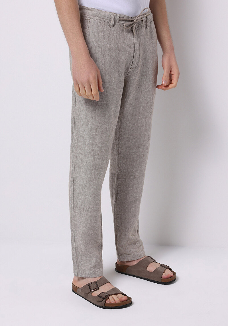 Regular Fit Orta Bel Uzun Paça Erkek Keten Karışımlı Kahverengi  Pantolon