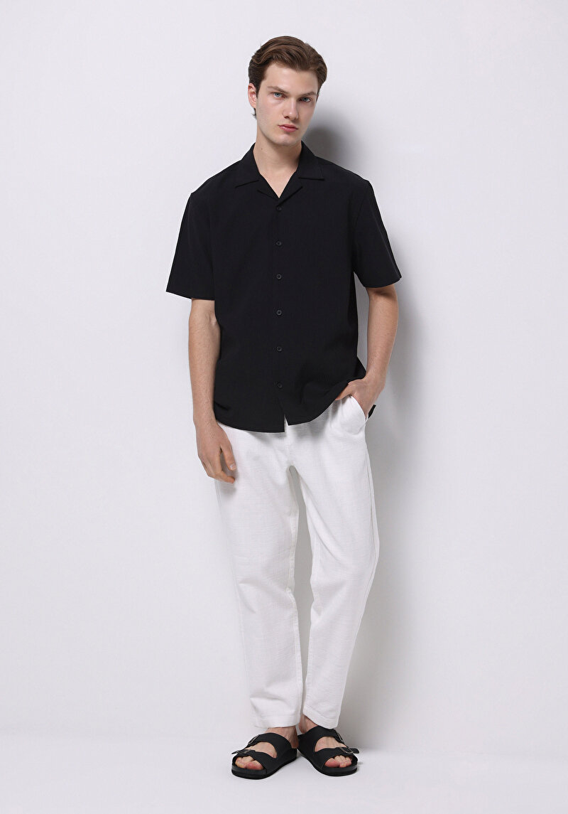 Regular Fit Shirt Neck Jakarlı Erkek Siyah Kısa Kol Gömlek