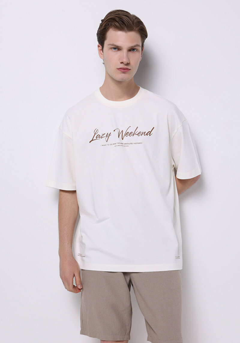 Oversize Fit Yuvarlak Yaka Örme Düz Erkek Beyaz Kısa Kol Tişört