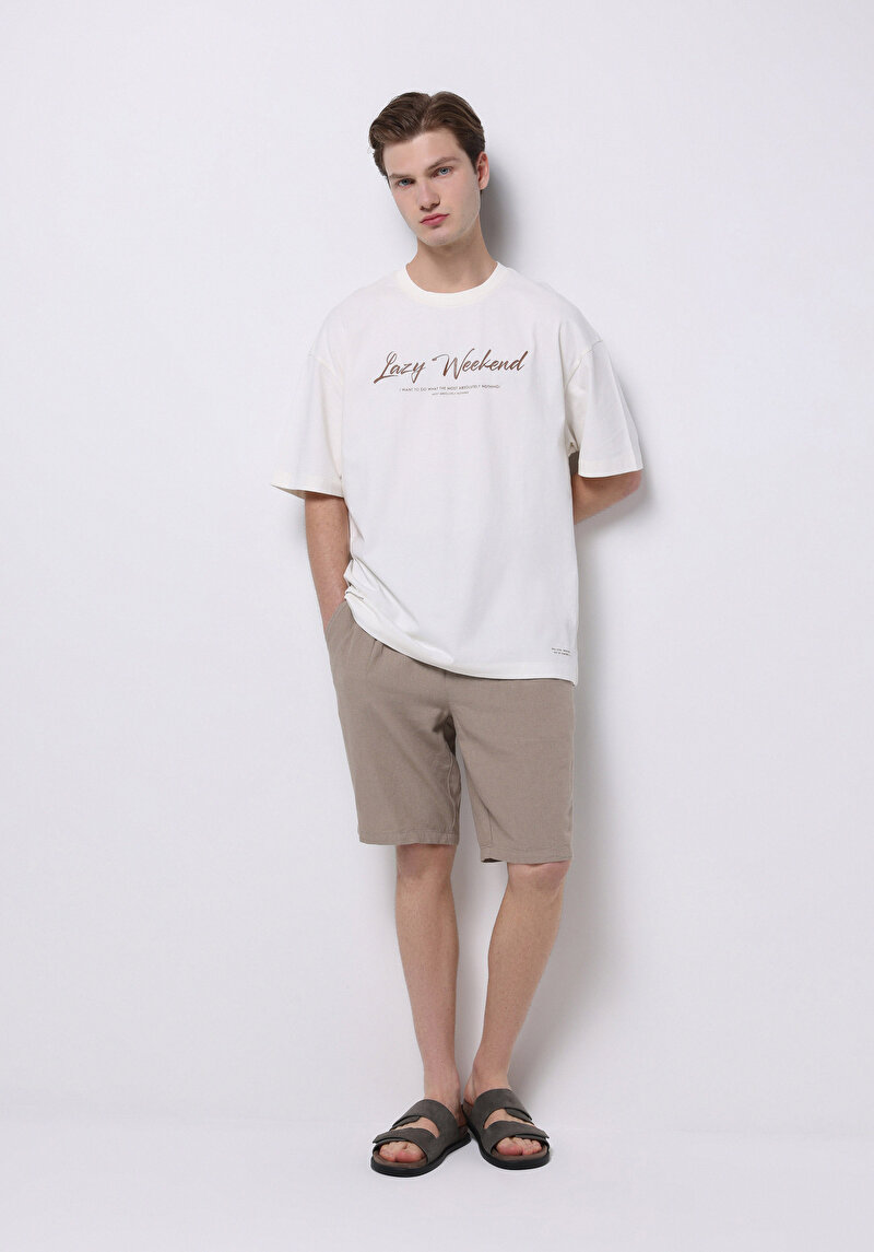 Oversize Fit Yuvarlak Yaka Örme Düz Erkek Beyaz Kısa Kol Tişört