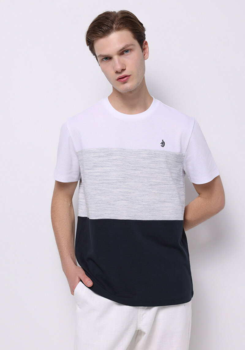 Regular Fit Yuvarlak Yaka Örme Jakarlı Erkek Lacivert Kısa Kol Tişört