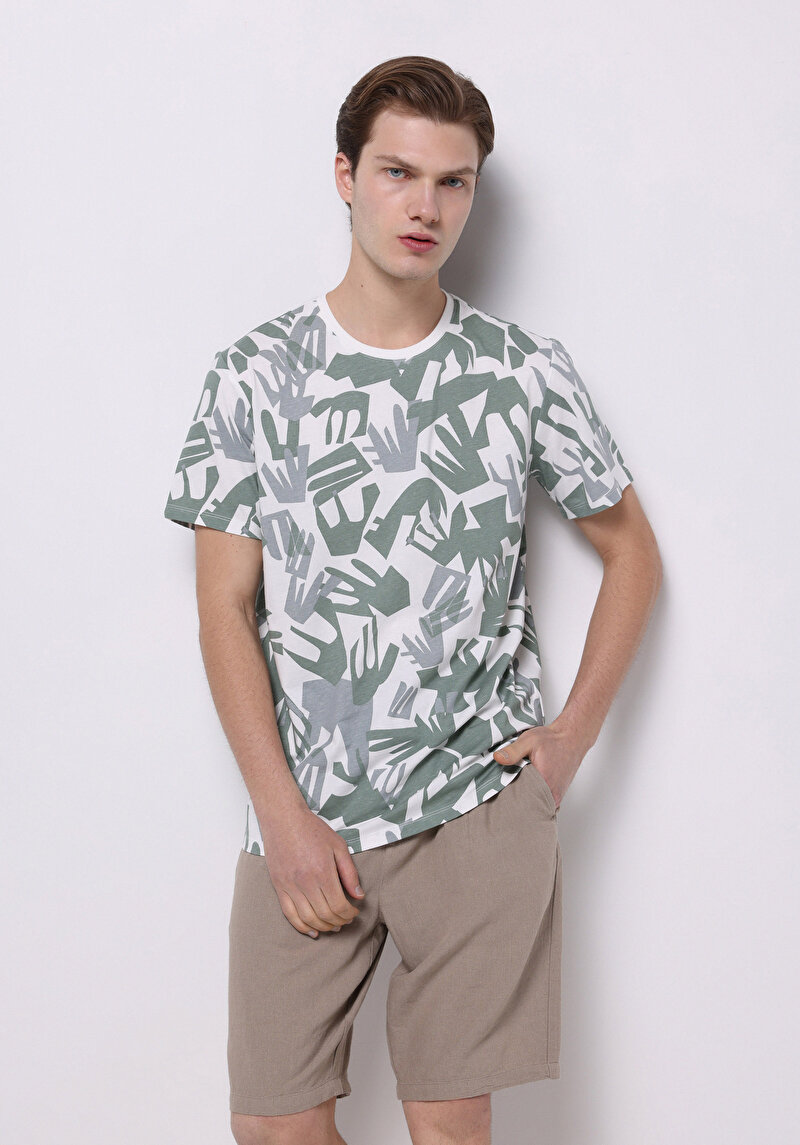 Regular Fit Yuvarlak Yaka Pamuklu Baskılı Erkek Yeşil Kısa Kollu Tişört