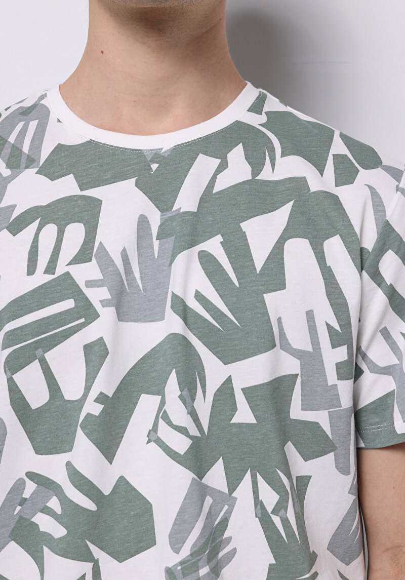 Regular Fit Yuvarlak Yaka Pamuklu Baskılı Erkek Yeşil Kısa Kollu Tişört