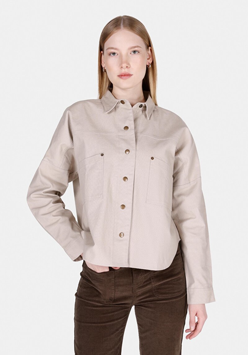 Regular Fit Shirt Neck Düz Kadın Vizon Uzun Kol Gömlek