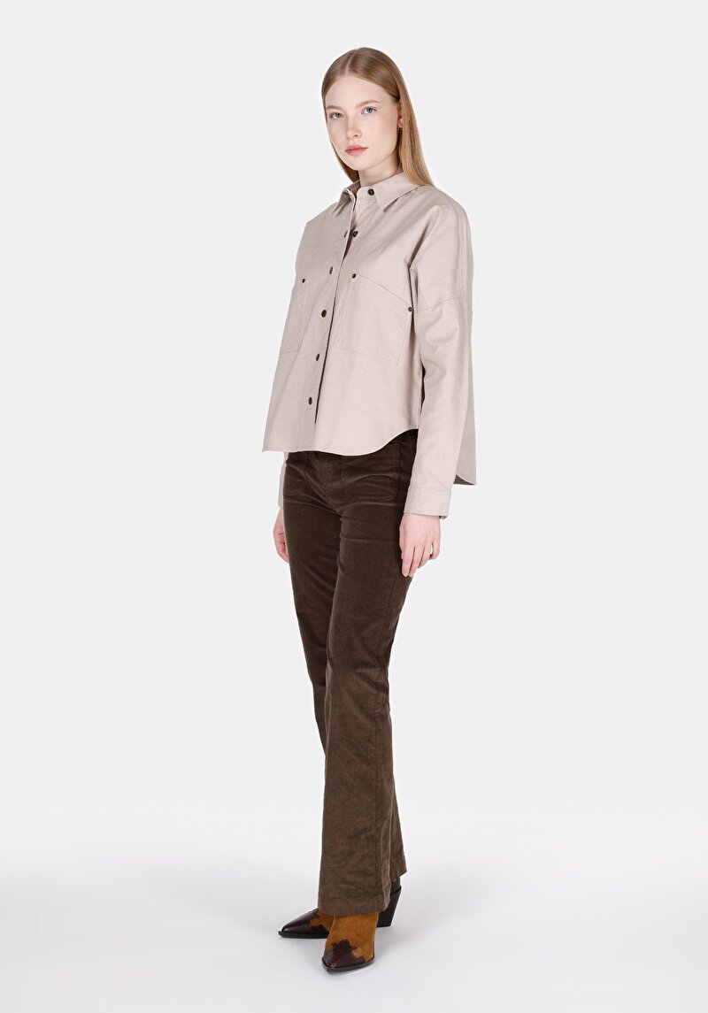 Regular Fit Shirt Neck Düz Kadın Vizon Uzun Kol Gömlek