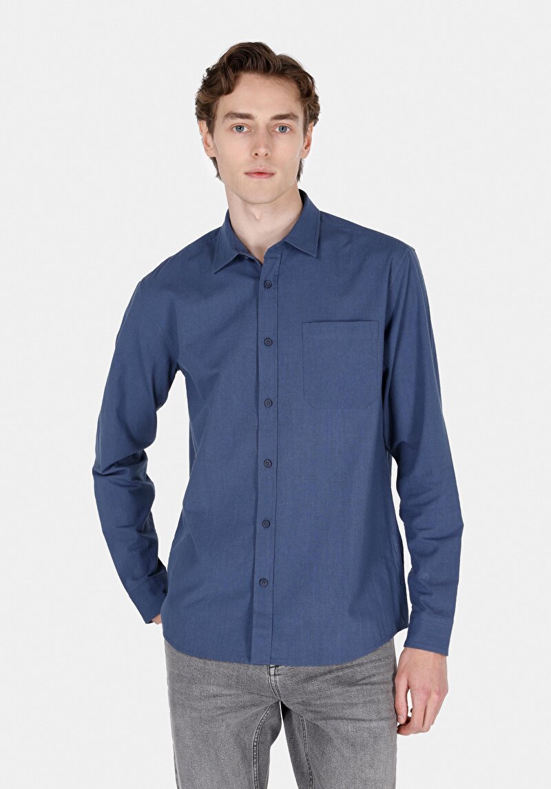 Regular Fit Shirt Neck Düz Erkek Lacivert Uzun Kol Gömlek