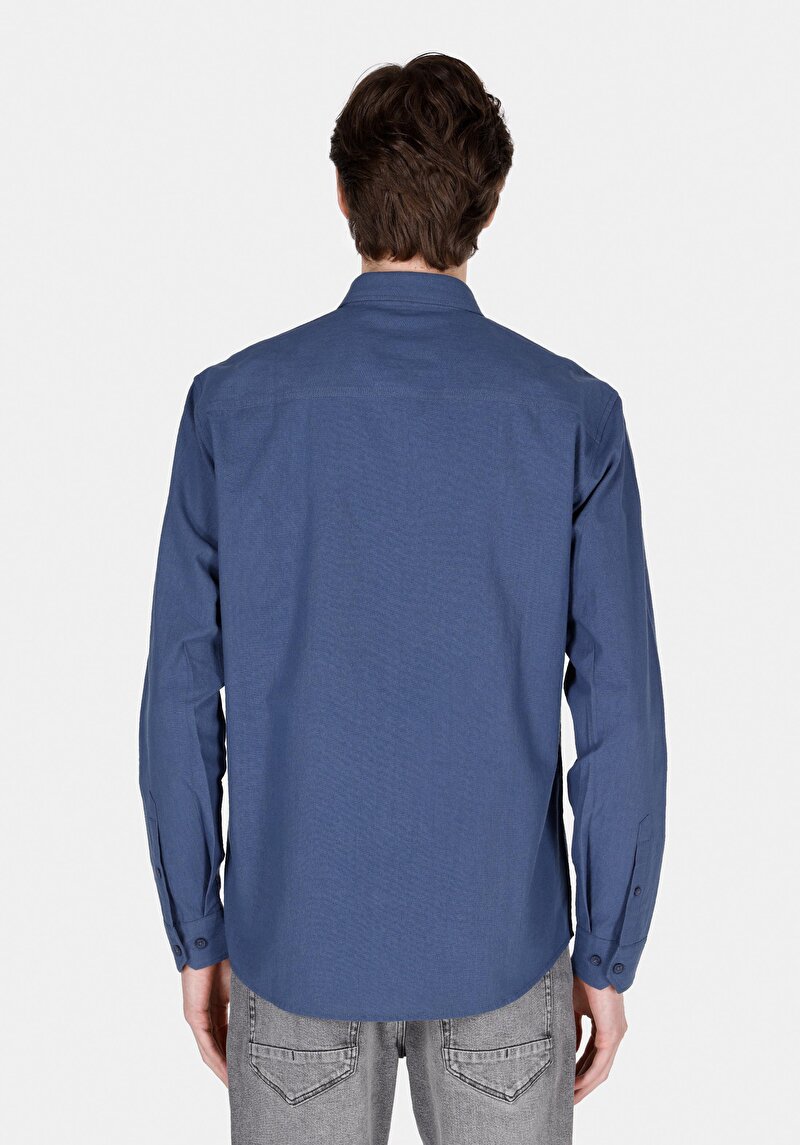 Regular Fit Shirt Neck Düz Erkek Lacivert Uzun Kol Gömlek