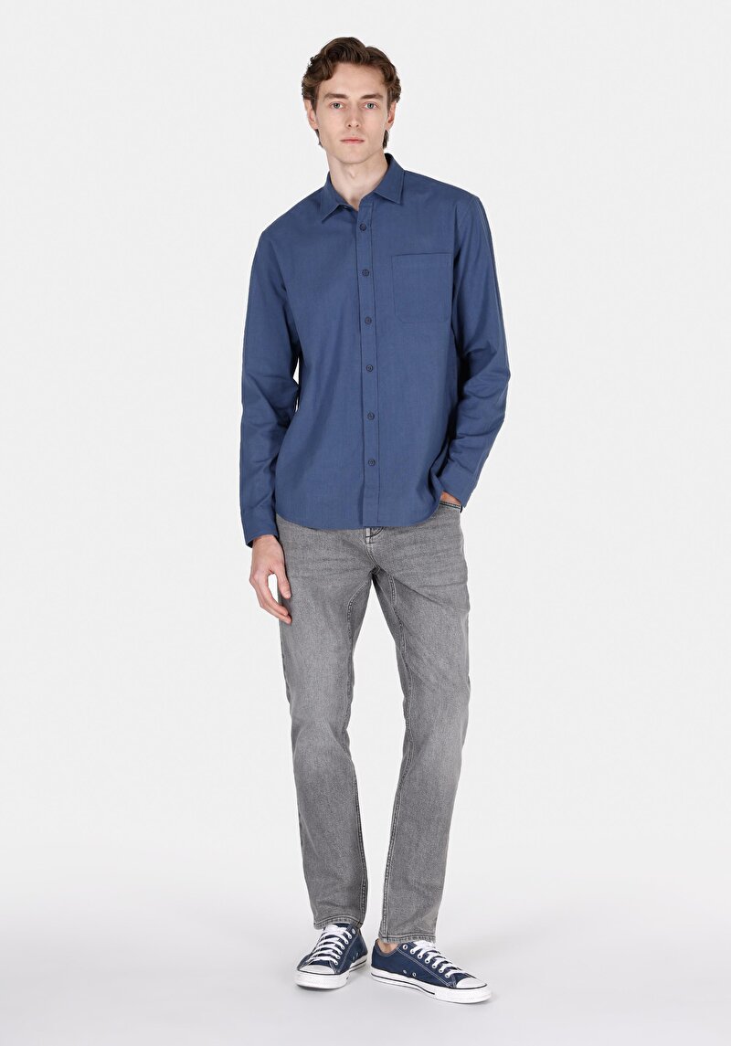 Regular Fit Shirt Neck Düz Erkek Lacivert Uzun Kol Gömlek