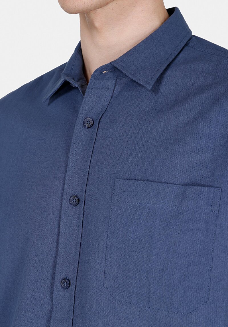 Regular Fit Shirt Neck Düz Erkek Lacivert Uzun Kol Gömlek