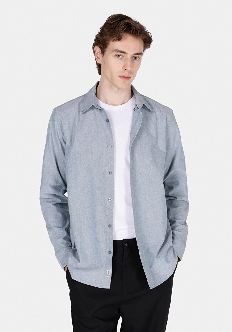 Regular Fit Shirt Neck Düz Erkek Yeşil Uzun Kol Gömlek