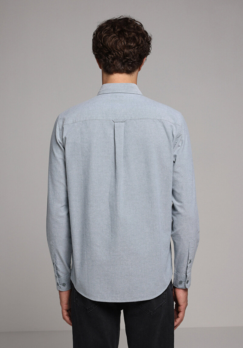 Regular Fit Shirt Neck Düz Erkek Yeşil Uzun Kol Gömlek