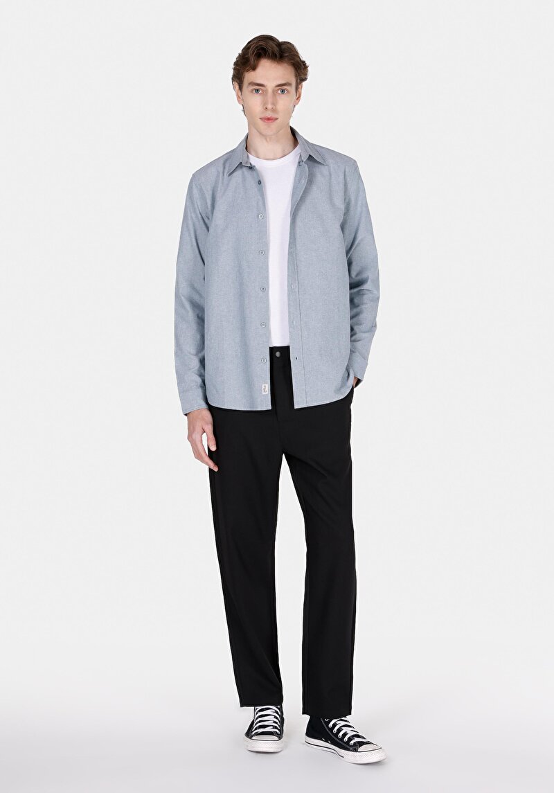 Regular Fit Shirt Neck Düz Erkek Yeşil Uzun Kol Gömlek
