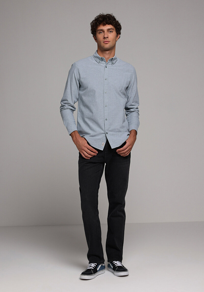 Regular Fit Shirt Neck Düz Erkek Yeşil Uzun Kol Gömlek