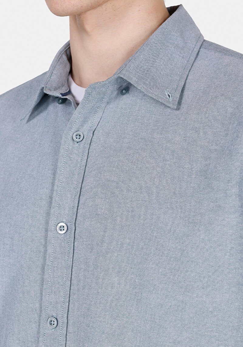Regular Fit Shirt Neck Düz Erkek Yeşil Uzun Kol Gömlek