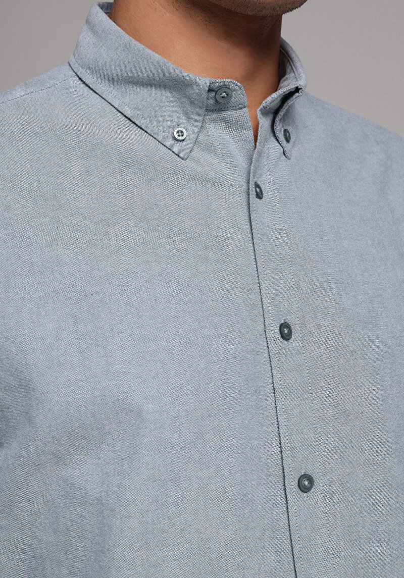 Regular Fit Shirt Neck Düz Erkek Yeşil Uzun Kol Gömlek