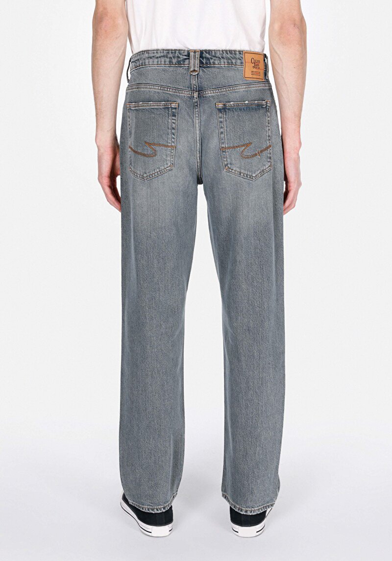 Baggy Fit Orta Bel Düz Paça Erkek Yeşil Jean Pantolon