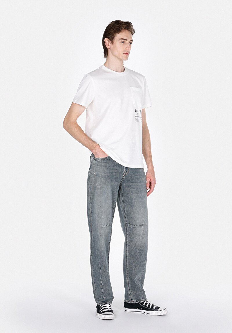 Baggy Fit Orta Bel Düz Paça Erkek Yeşil Jean Pantolon