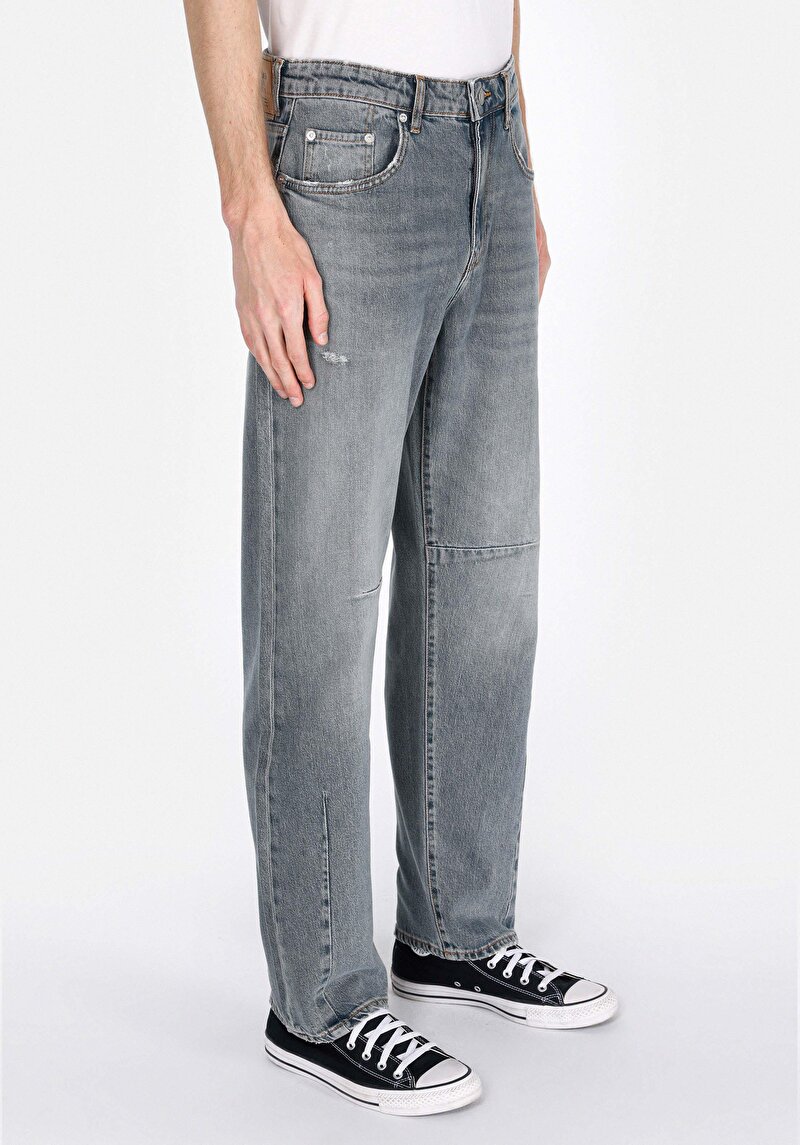 Baggy Fit Orta Bel Düz Paça Erkek Yeşil Jean Pantolon