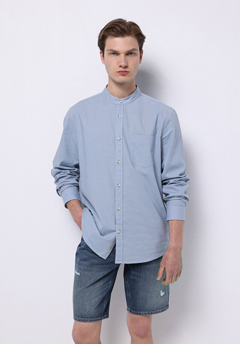 Regular Fit Hakim Yaka Düz Erkek Keten Karışımlı Mavi Uzun Kol Gömlek