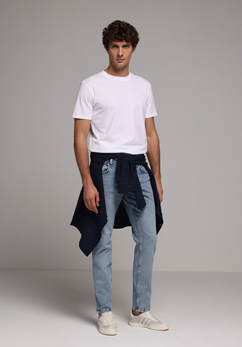 Straight Fit Düşük Bel Düz Paça Erkek Light İndigo Denim Jean Fermuarlı Pantolon