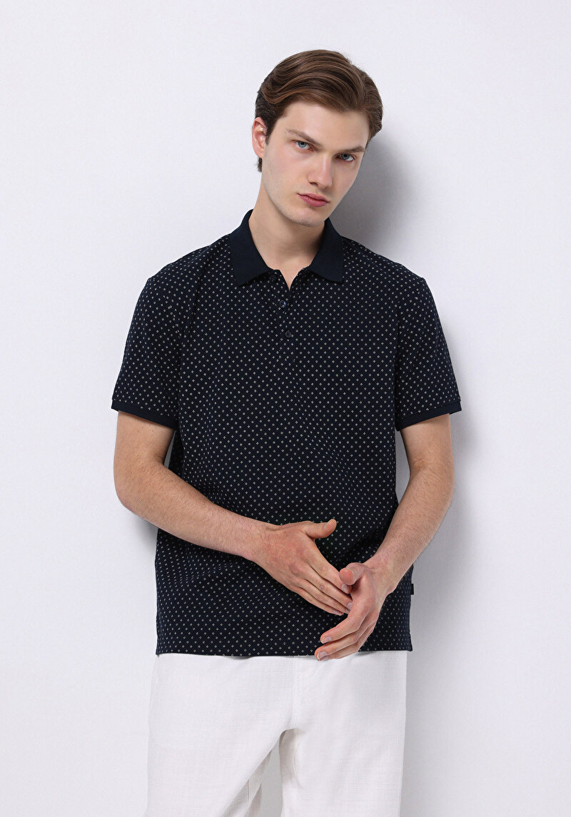 Regular Fit Polo Yaka Baskılı Pamuklu Erkek Lacivert Kısa Kol Tişört