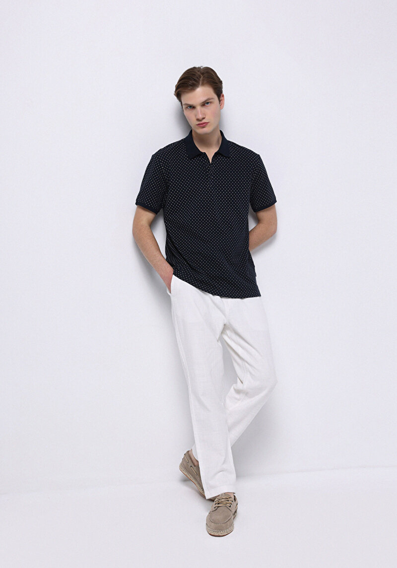 Regular Fit Polo Yaka Baskılı Pamuklu Erkek Lacivert Kısa Kol Tişört