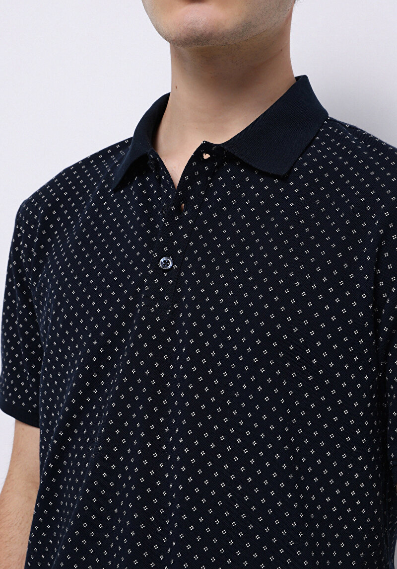 Regular Fit Polo Yaka Baskılı Pamuklu Erkek Lacivert Kısa Kol Tişört