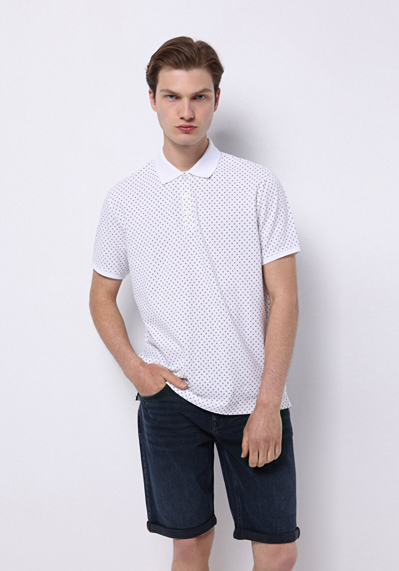 Regular Fit Polo Yaka Baskılı Pamuklu Erkek Beyaz Kısa Kol Tişört